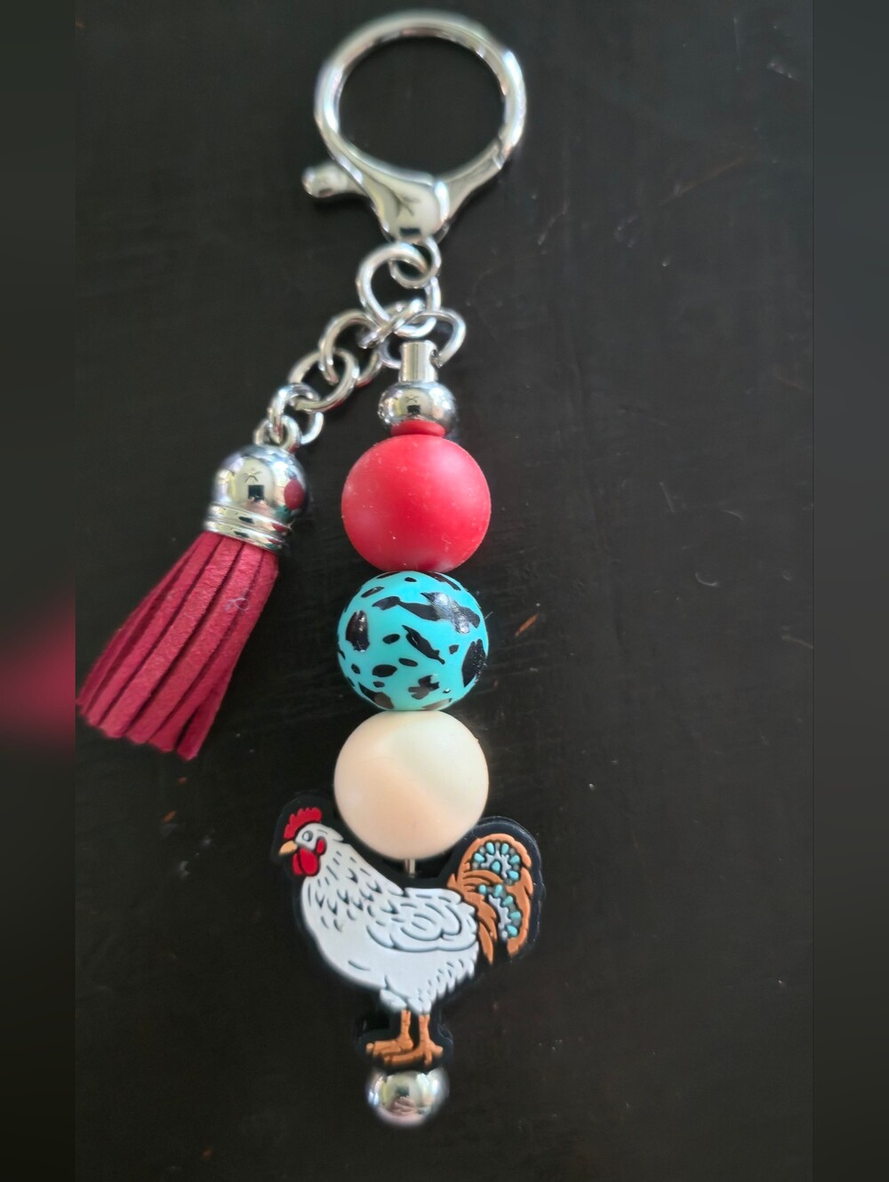 Beaded Chicken Tassel Keychain - Red, Turquoise, Cream